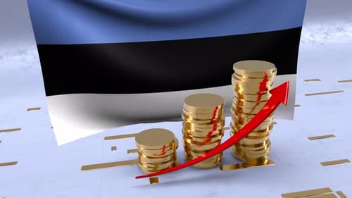 Estonia Flag With Gold Coins Tower And Up Arrow