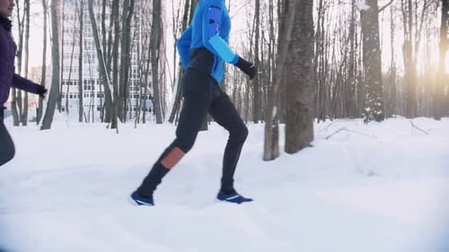 Young Man and Woman Synchronously Running in Winter Forest Morning