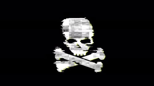 Skull pirates and cyberattack symbol with noise glitch