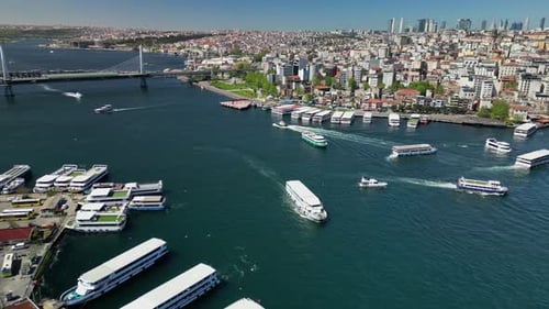 Aerial View of Istanbul Ferries Navigating Across the Golden Horn