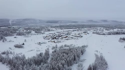 Aerial view of snow-covered village, Russia.