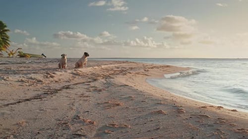Two Dogs Sitting on a Tropical Beach at Sunset Enjoying the Ocean View