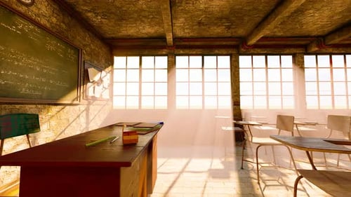 La luz del sol exterior brilla en la vieja aula vacía