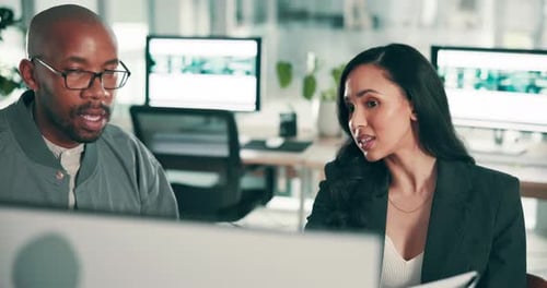 Office, planning and people with computer at desk for information technology, solution and advice