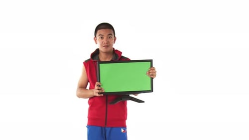 Young Adult Displays Green Screen Monitor on White