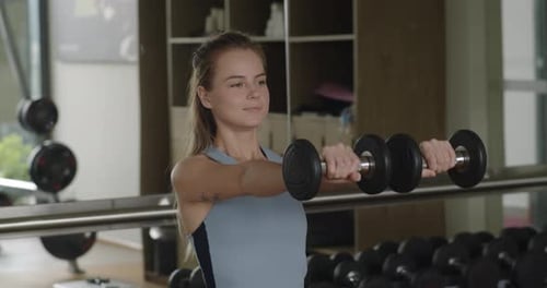 Fitness Girl Having Sport Training in Fitness Gym Female Hands Taking Bodybuilding Dumbbells in Gym