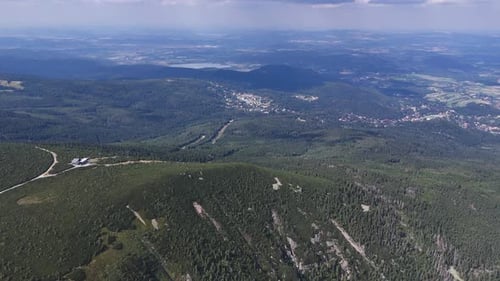 Aerial footage of Karkonosze mountain range, part of the Sudetes, Poland