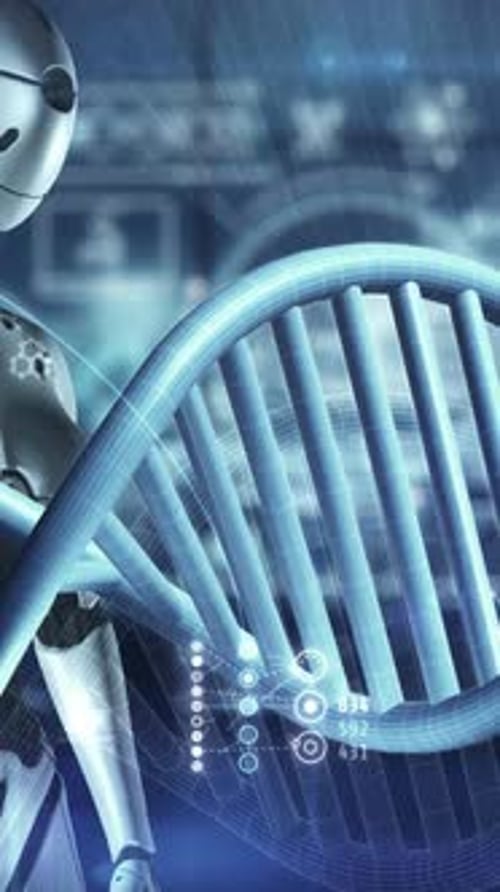 Futuristic Animated DNA Double Helix and Robot with Digital Data