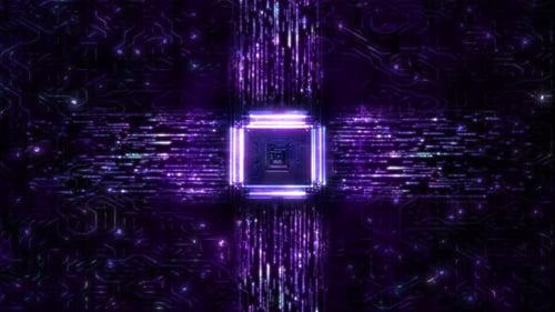 Circuit imprimé futuriste avec processeur lumineux et arrière-plan d'animation de flux de données numériques