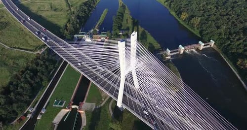 Modern bridge over the river, aerial drone