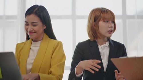 Women Collaborate on Laptop in Bright Office