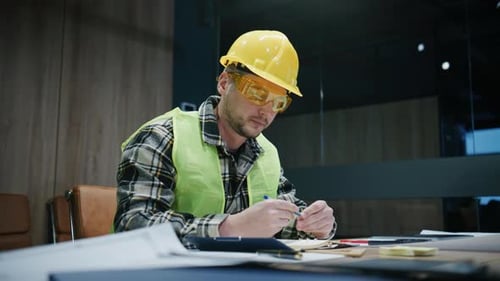 Architect Works on Building Project Blueprint While Wearing Safety Helmet and Vest in Office Setting