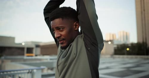 Fitness, health and stretching with a black man runner outdoor in a city for marathon