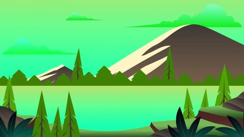 Animated Flat Design Landscape with Mountains and Lake