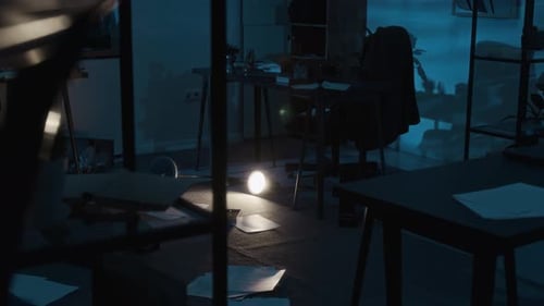 Office with Trash Can, Lamp, Documents, Picture Frame Scattered after Burglary