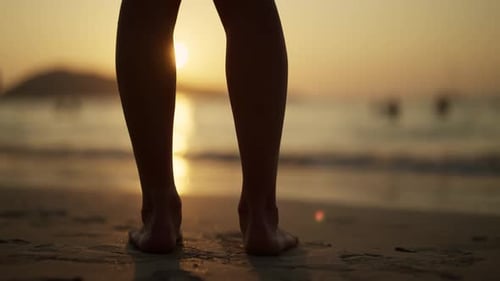 Woman Feet Barefoot on Beach Close Up Female Tourist Walking on the Beach By Sea Ocean Enjoying the