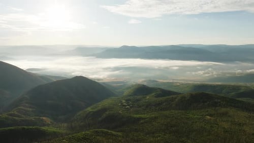 Aerial view of mountains and fog, United States.