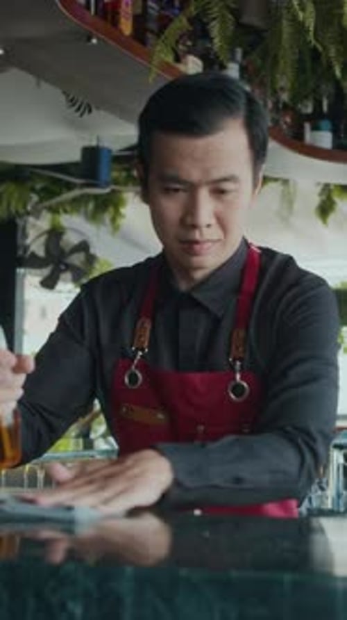 Vertical of Bartender Spraying and Wiping Counter at Bar