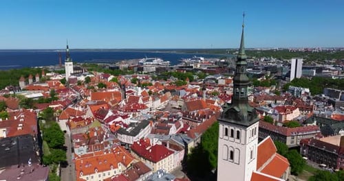 Forward Drone Shot Above Town Hall Square in Tallinn, Estonia