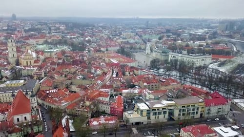 Aerial shot of old town in Vilnius Lithuania on a winter day