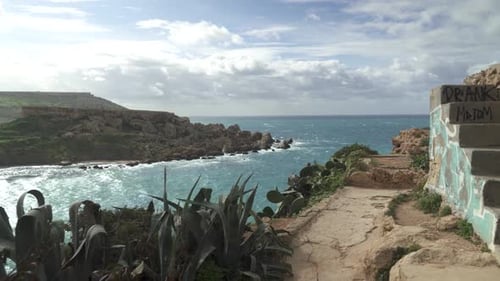 Overview of Ghajn Tuffieha Bay Beach on a Steep Hill During Winter in Malta
