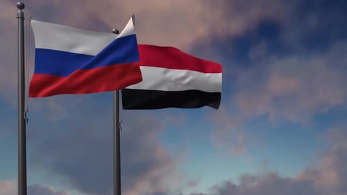 Waving Flags of Russia and Yemen in Realistic 3D Animation