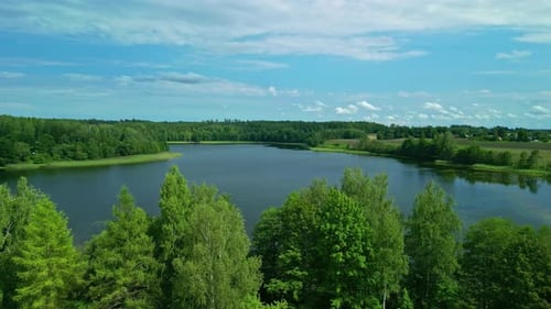 Aerial drone forward moving shot over a lake surrounded by lush green forest on a bright sunny day.
