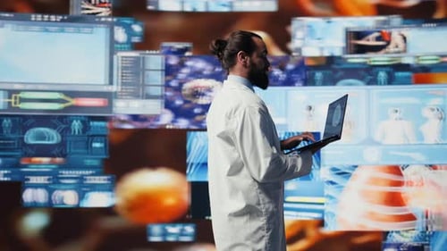 Scientist Analyzing Medical Data on Laptop in Futuristic Lab