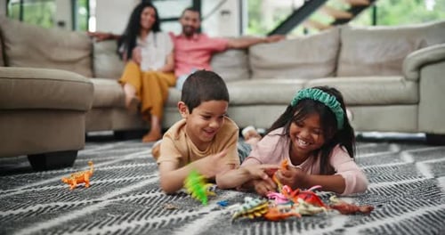 Home, kids and playing with dinosaur toys, game in lounge and relax with happiness