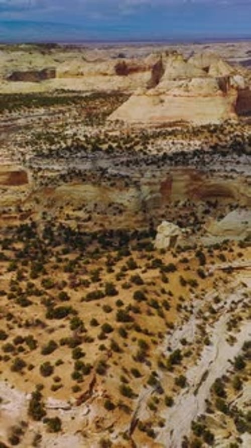 Rocky landscape of endless desert with little bushes of greenery. Amazing canyons of Utah, USA