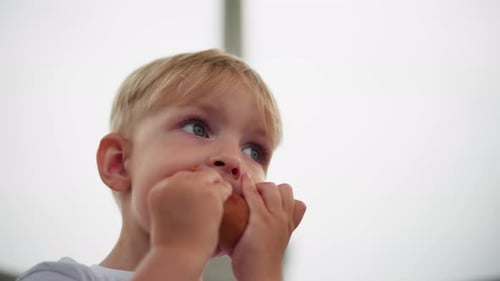 Young Child Holding Snack Close to Mouth and Looking Around Thoughtfully