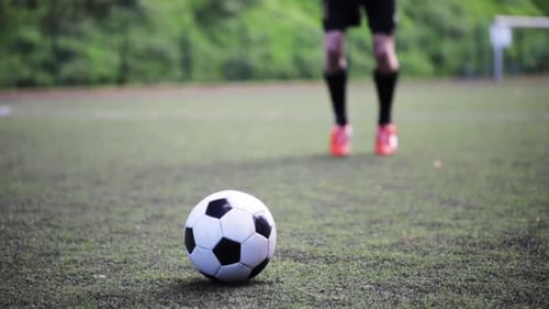 A soccer player kicks the ball on a green field during a training session