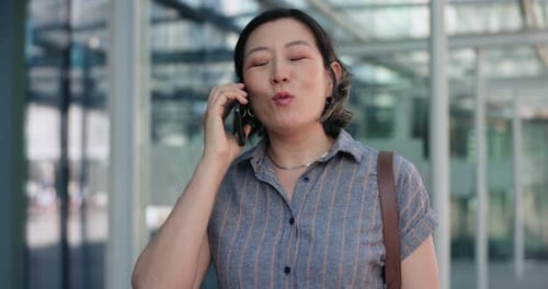 Woman, phone call and commute to work, city and smartphone, conversation and technology