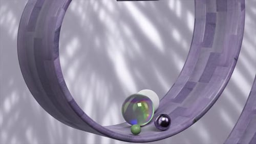Esferas atravessam uma hélice de madeira lançando sombras divertidas neste sereno loop animado em 3D