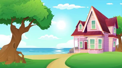 Idyllic Cartoon Coastal House Animation with Moving Clouds and Ocean