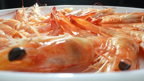 Delicious frozen Shrimp with shell in the video. 4K.