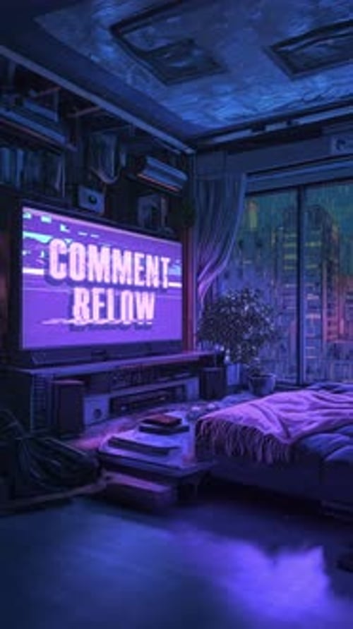 Lo-Fi Cyberpunk 'Comment Below' Stream Screen – Loopable Animation – Verticle9x16