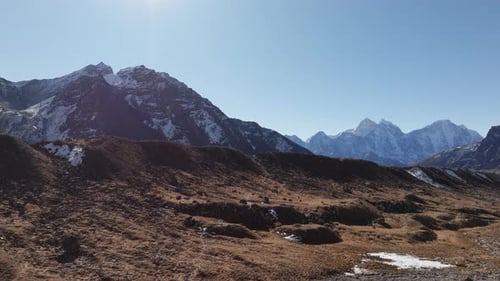 Aerial View of a Glacial Valley in the Himalayas of Nepal Highlighting SnowCapped Mountains and