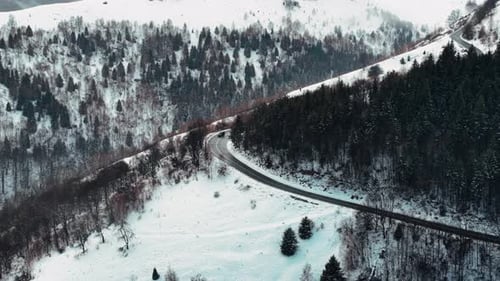 Autos fahren auf einer kurvenreichen Straße in einem verschneiten Bergwald