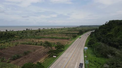 Aerial view of rice field and country road expressway in Pekalongan, Java Island, Indonesia.