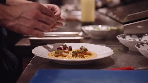 Male cook finish the plate of pasta and pass it to be served in a restaurant. Close up dolley shot