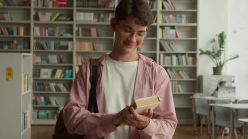 Teenage Guy Smiling Happy Looking at Camera Holding Book Buying Literature Prepare for Reading in