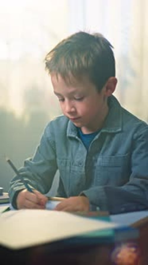 Child Drawing at a Desk with Colored Pencils on Paper