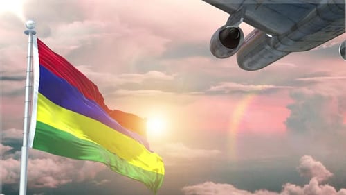 Die Flagge von Mauritius weht realistisch mit Flugzeug, das bei Sonnenaufgang abhebt