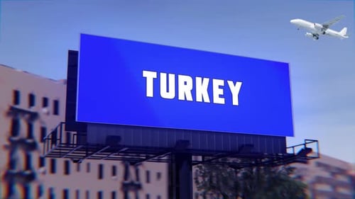 Turkey Road Sign With A Street Billboard And An Airplane Taking Off In The Background
