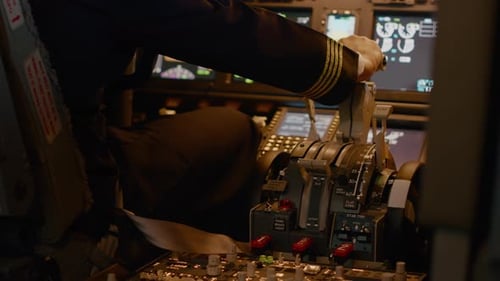 Aviation Crew Flying Airplane with Engine Lever to Throttle