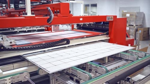 Modern automated production concept. Robotic factory for producing solar panels.