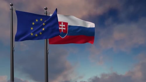 European Union And Slovakia Flags Waving On Flagpoles Against Sky