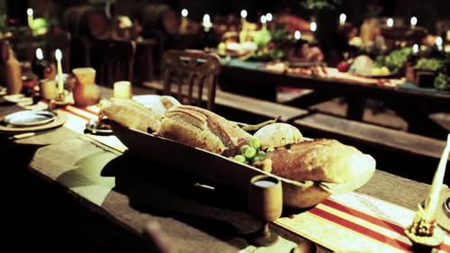 Rustic Feast Table with Bread and Grapes for Celebration