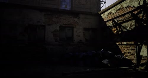 Dark Alley in Abandoned Building with Shadows and Broken Walls